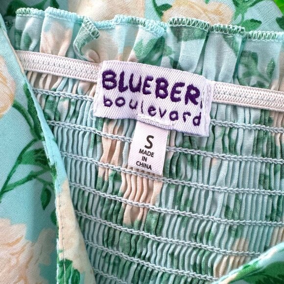 BLUEBERI BOULEVARD Women's Blue Pink Green Floral Ruffle Sleeve Smocked Dress S - Picture 7 of 7